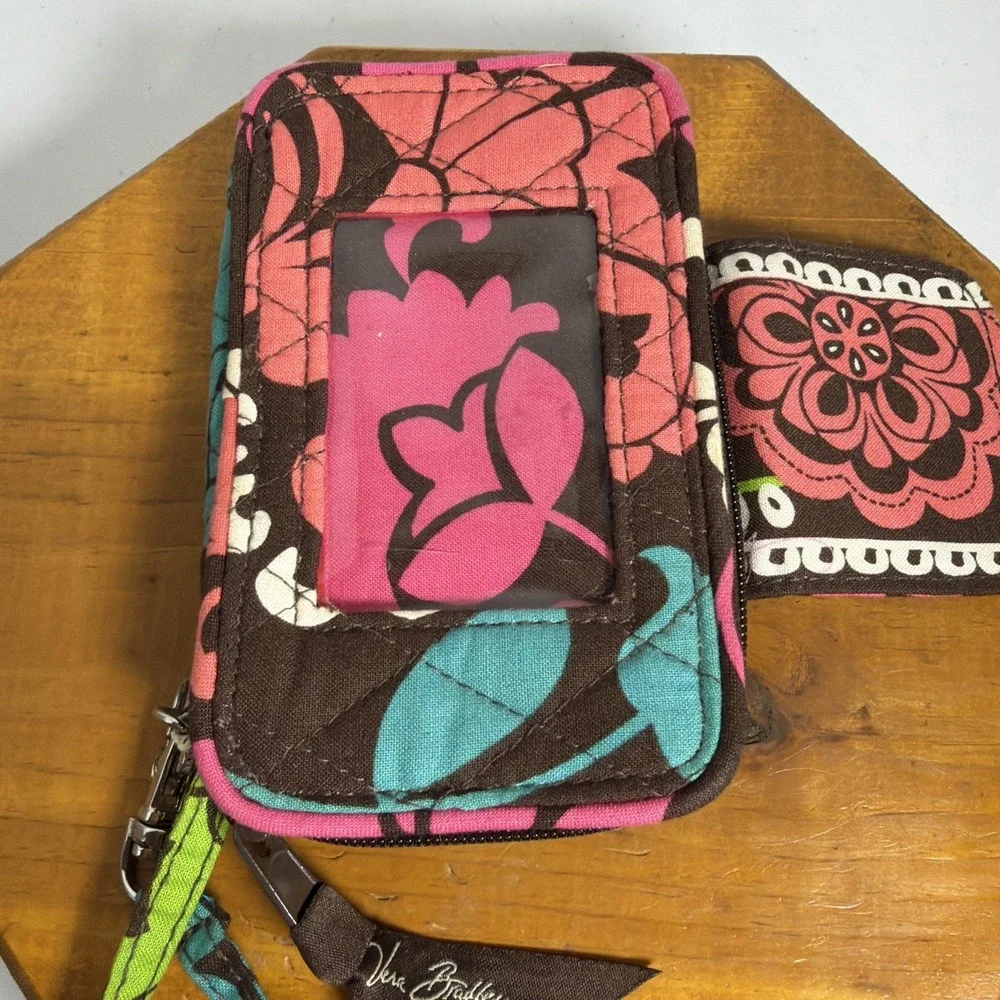 Vera Bradley Quilted ID Wallet‎ Wristlet Floral Brown Pink Blue New Without Tags - Picture 5 of 9